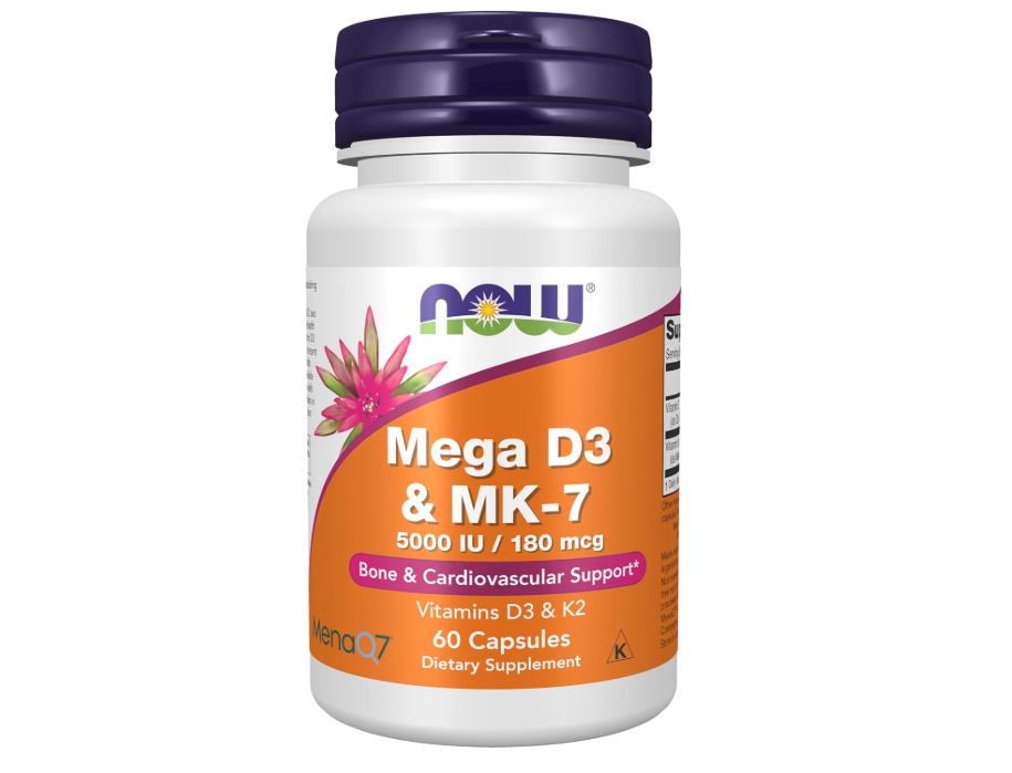 NOW Foods Supplements, Mega D-3 & MK-7 with Vitamins D-3 & K-2, 5,000 IU/180 mcg, Bone & Cardiovascular Support*, 60 Veg Capsules