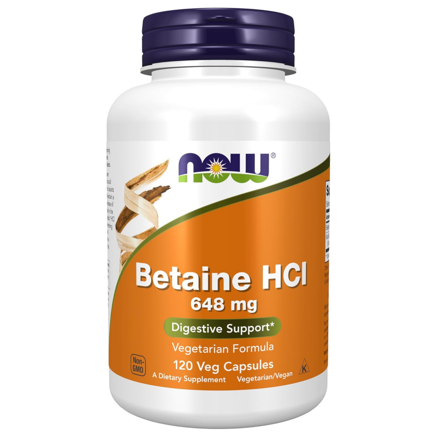 NOW Foods Supplements, Betaine HCl 648 mg, Vegetarian Formula, Digestive Support*, 120 Veg Capsules