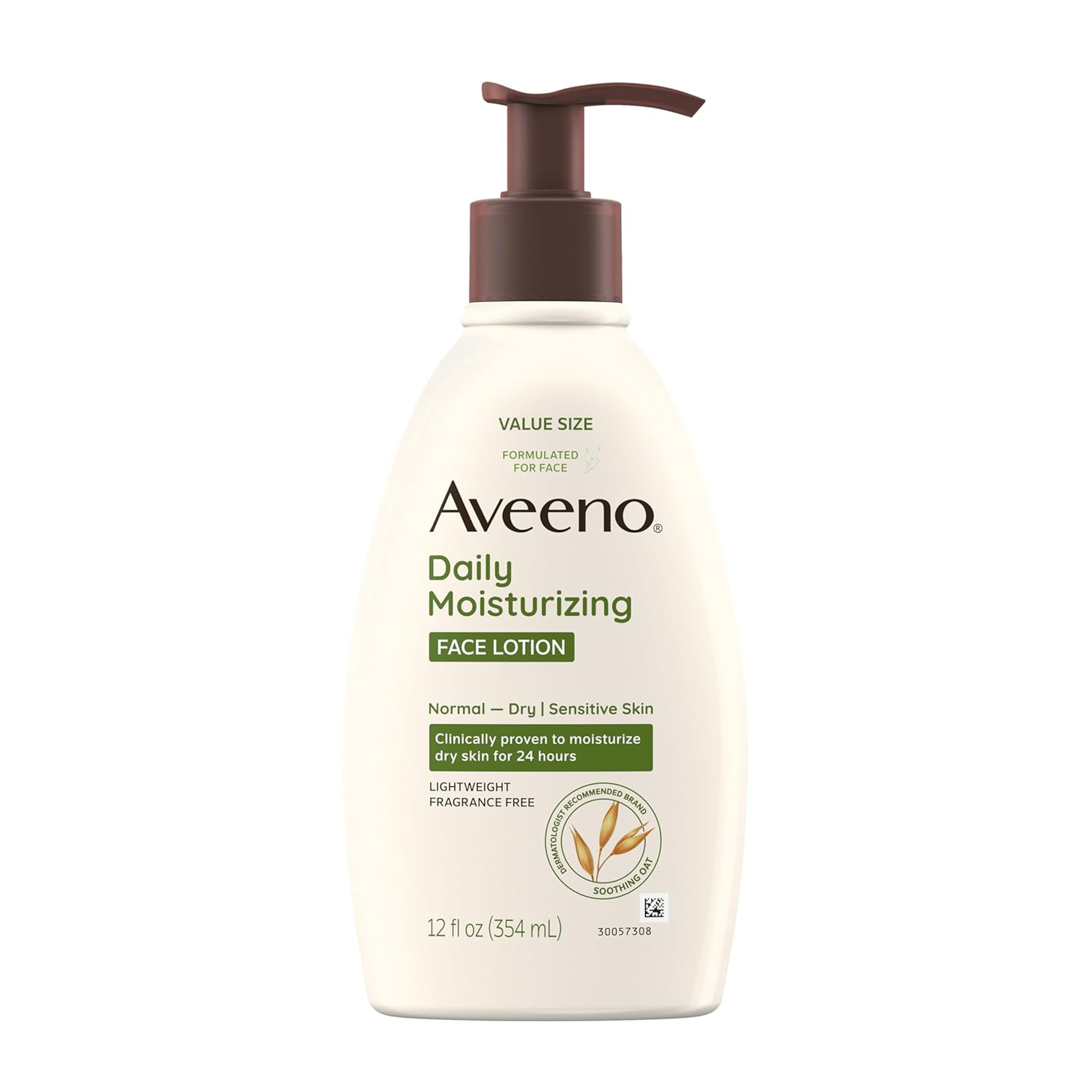 Aveeno Daily Moisturizing Face Lotion, Fragrance-Free, with Soothing Prebiotic Oat, Gentle Hydration for Normal to Dry & Sensitive Skin, 12 fl oz