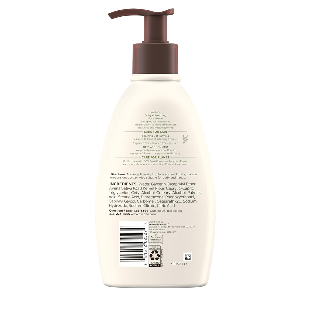 Aveeno Daily Moisturizing Face Lotion, Fragrance-Free, with Soothing Prebiotic Oat, Gentle Hydration for Normal to Dry & Sensitive Skin, 12 fl oz