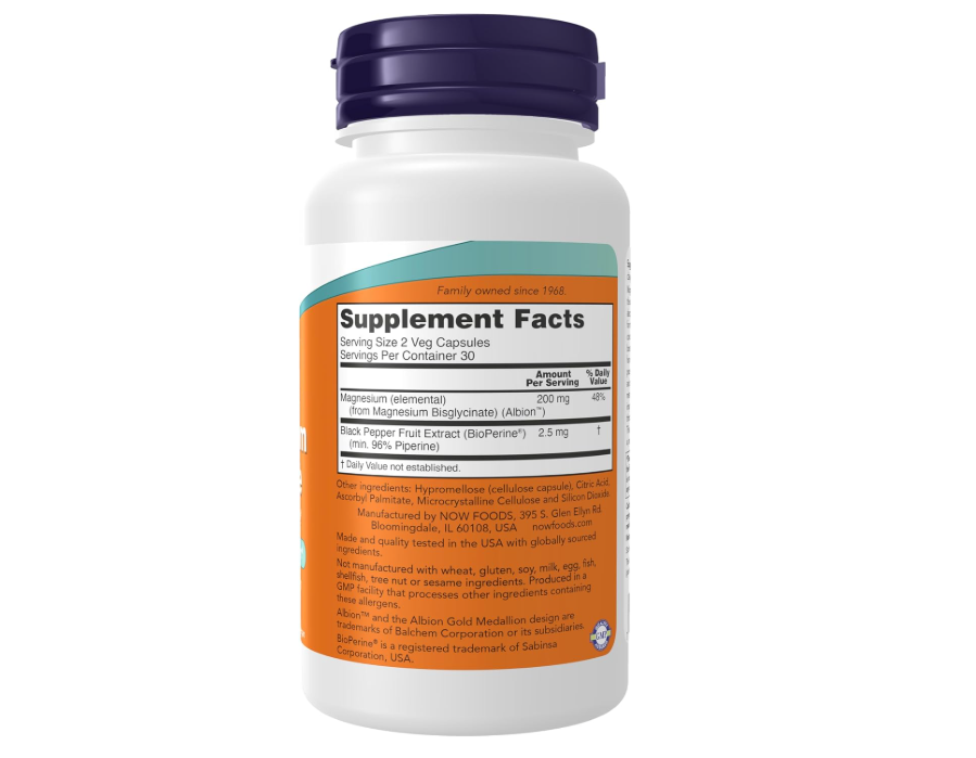 Now Foods Supplements, Magnesium Glycinate with BioPerine, 60 Veg Capsules