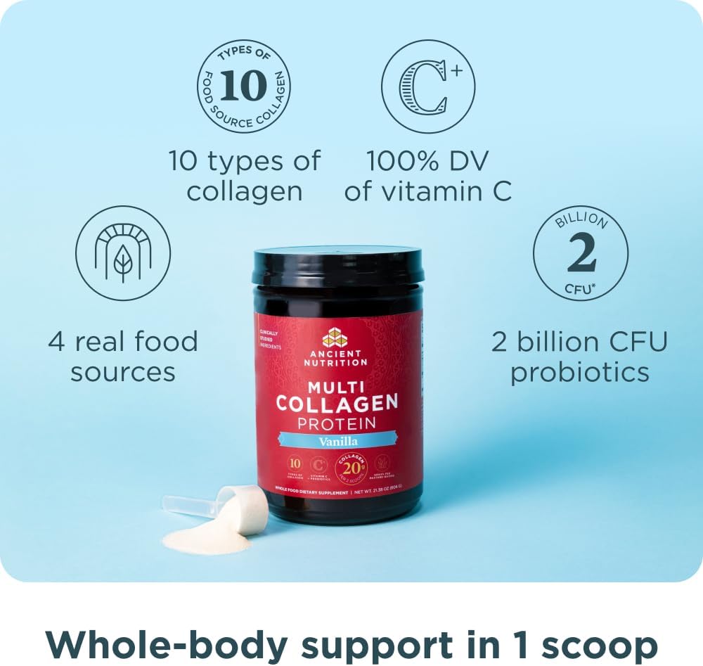 Ancient Nutrition Multi Collagen Protein Powder Vanilla Flavor 8.9oz | 24 Servings | Supports Joint Care, Skin, Hair & Nails, and Gut Health