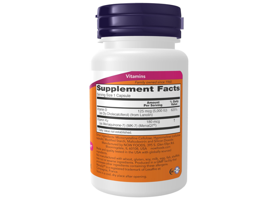 NOW Foods Supplements, Mega D-3 & MK-7 with Vitamins D-3 & K-2, 5,000 IU/180 mcg, Bone & Cardiovascular Support*, 60 Veg Capsules