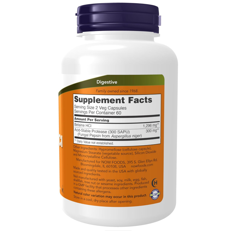 NOW Foods Supplements, Betaine HCl 648 mg, Vegetarian Formula, Digestive Support*, 120 Veg Capsules