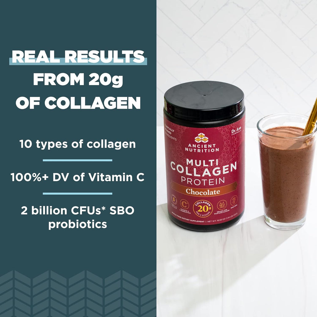 Ancient Nutrition Multi Collagen Protein Powder Chocolate Flavor 16.65oz | 40 Servings | Supports Joint Care, Skin, Hair &amp; Nails, and Gut Health