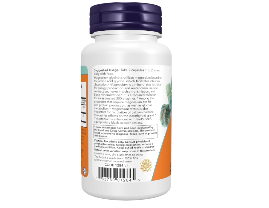Now Foods Supplements, Magnesium Glycinate with BioPerine, 60 Veg Capsules