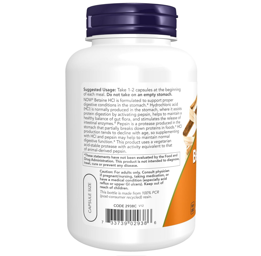 NOW Foods Supplements, Betaine HCl 648 mg, Vegetarian Formula, Digestive Support*, 120 Veg Capsules