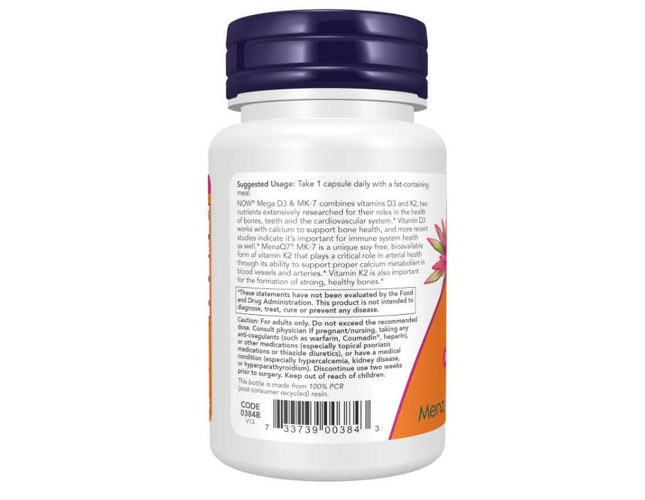 NOW Foods Supplements, Mega D-3 & MK-7 with Vitamins D-3 & K-2, 5,000 IU/180 mcg, Bone & Cardiovascular Support*, 60 Veg Capsules