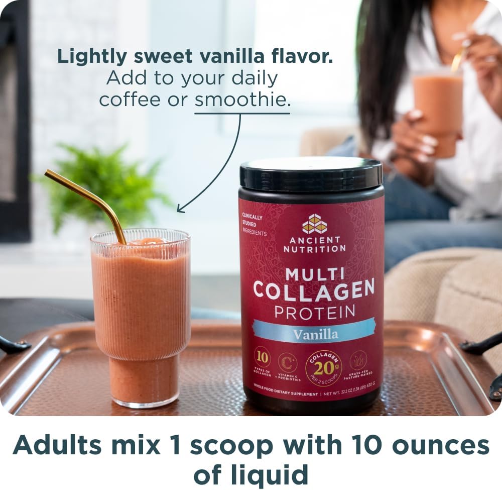 Ancient Nutrition Multi Collagen Protein Powder Vanilla Flavor 16.7oz | 45 Servings | Supports Joint Care, Skin, Hair & Nails, and Gut Health