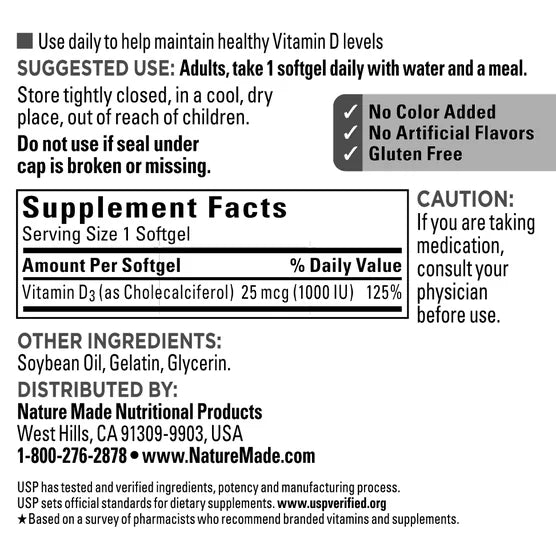 Nature Made Vitamin D3 25 mcg., 650 Softgels