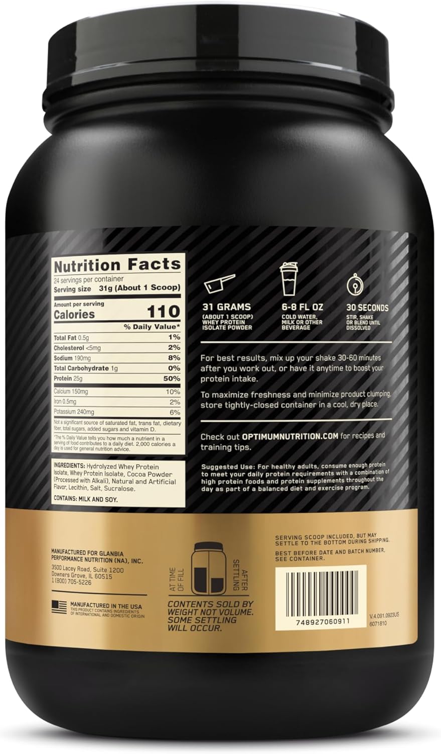 Optimum Nutrition Gold Standard 100% Isolate Whey Protein, Chocolate Bliss, 3 lb – 44 Servings