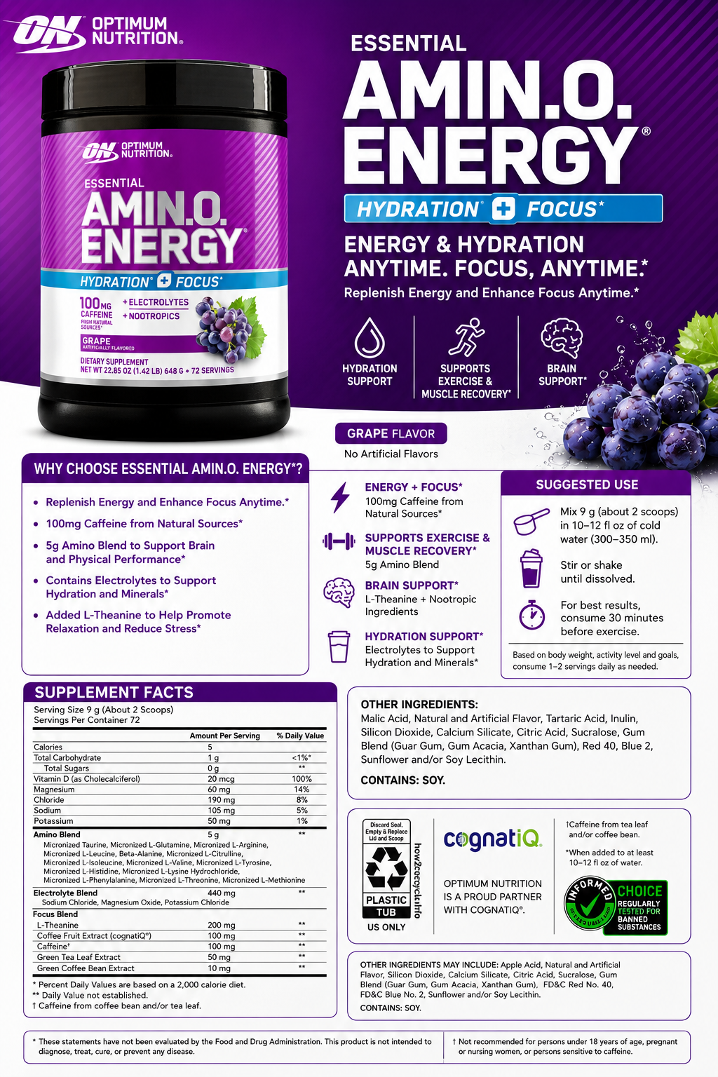 Optimum Nutrition Essential Amino Energy + Electrolytes, Grape, 1.42 lbs